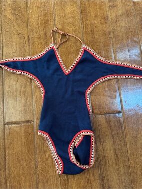 Solid & Strip : Re/Done Navy Swimsuit Bodysuit with Red and Tan Crochet Trim